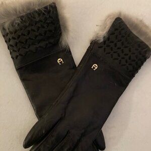 Etienne Aigner Black Genuine Leather Gloves w/ Rabbit Fur Cuff Size 6.5 NEW